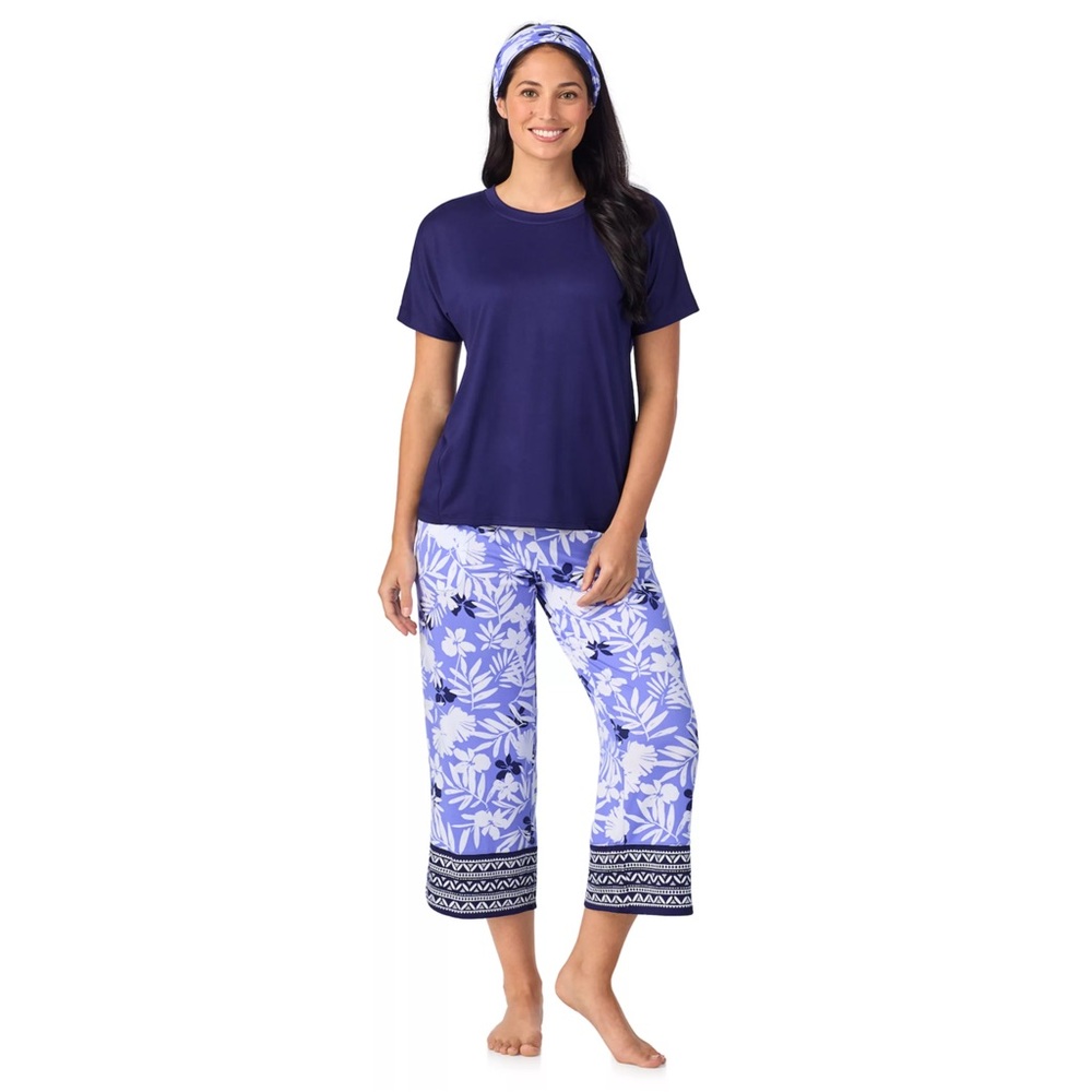 Cuddl Duds 2pc Crewneck Top & Capri Pants Purple/White Floral Pajamas. Size M